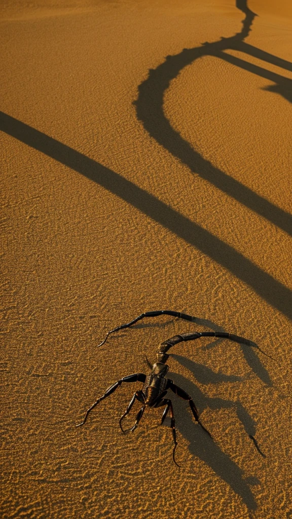 the image of a stylized scorpion, in the desert sun its shadow appears projected onto the arid soil