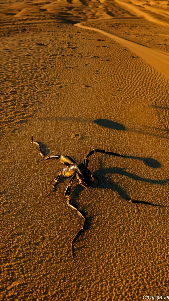 the image of a stylized scorpion, in the desert sun its shadow appears projected onto the arid soil