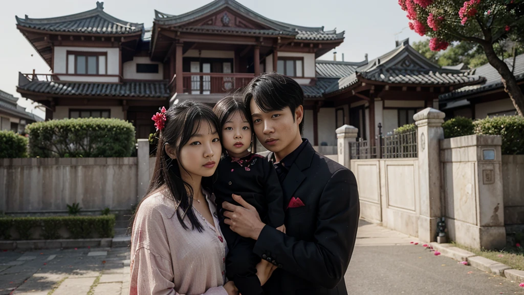 a family korean in front of a mansion full of blood. There are flowers and money around her. Ce personnage est tellement énigmatique que quand on le voit on se demande ce qu'il y a dans sa demeure. Il est accompagné de sa fille.