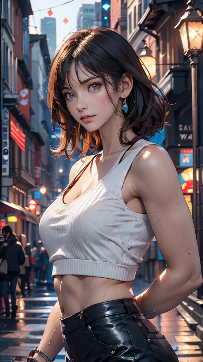 masterpiece, Highest quality, Very detailed),(One girl), blue eyes, short hair, Brunette, Dynamic Angle, Dynamic pose, Natural light, floating, (Color Top:1.2|Black Top), (Tight Skirt:1.2|Leather pants:0.9), (Silver Bracelet:1.2|clock), (Natural background:0.8| Cityscape), (smile:0.8| Serious expression), (Light in the hair), lots of water droplets:0.8
