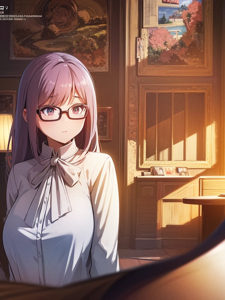 fractal anime art,gigantic eyeglasses,middle  woman alive,white blouse strange teacher,american,massive upperbody fashion model,look back,funny ghost house school,morning road story,anime art,A hyper-realistic,Illustration,High resolution,8K,Very detailed,Best Illustration,Best Quality,ultra-detailliert,masterpiece,