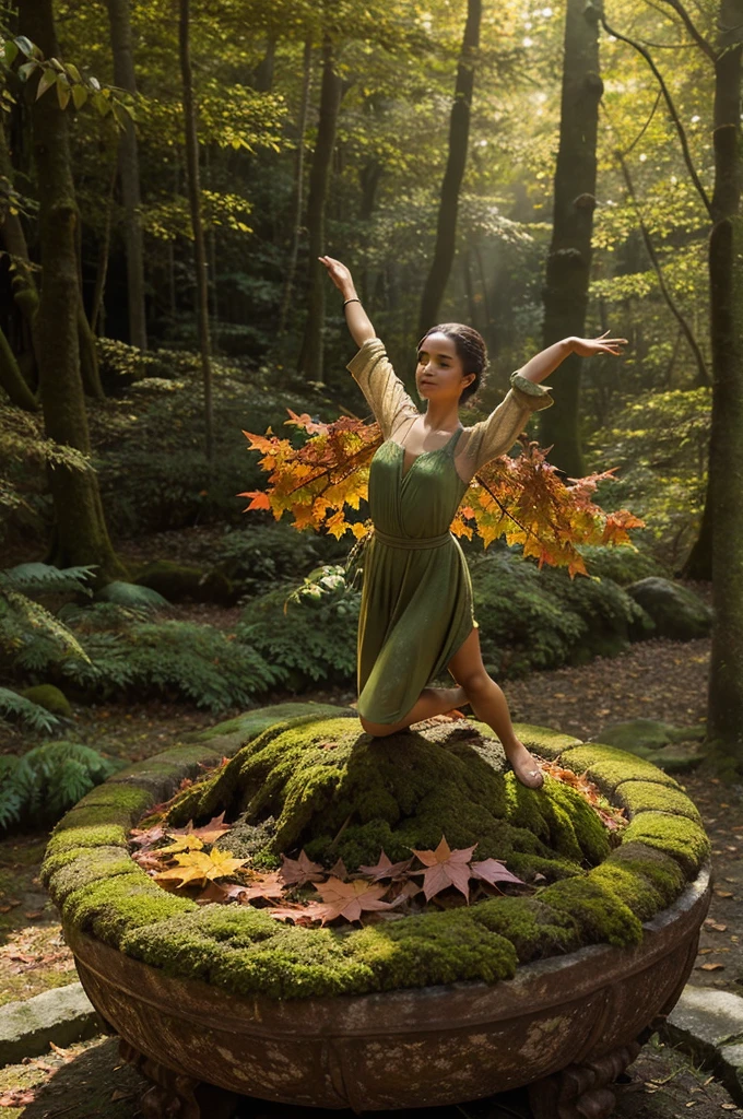 A whimsical miniature figure composed of delicately arranged autumn leaves, poised in a carefree dance on the rim of a weathered, moss-covered terracotta pot, set against a lush, vibrant forest backdrop, where dappled sunlight filters through the canopy above, casting intricate shadows. The overall aesthetic is ethereal, with warm, earthy tones of sienna, umber, and olive green, infused with hints of emerald and golden light, evoking a sense of wonder and enchantment, as if plucked from a fantastical realm.