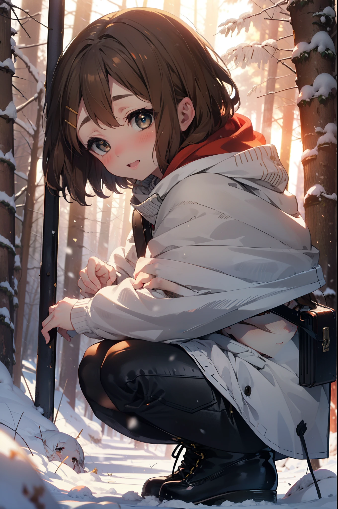 yuihirasawa, Yui Hirasawa, short hair, Brown Hair, hair ornaments, (Brown eyes:1.5), Hair Clip、smile,smile,blush,white breath,
Open your mouth,snow,Ground bonfire,, Outdoor, boots, snowing, From the side, wood, suitcase, Cape, Blurred, , forest, White handbag, nature, Squat, Mouth closed, Cape, winter, Written boundary depth, Black shoes, red Cape break looking at viewer, Upper Body, whole body, break Outdoor, forest, nature, break (masterpiece:1.2), Highest quality, High resolution, unity 8k wallpaper, (shape:0.8), (Beautiful and beautiful eyes:1.6), Highly detailed face, Perfect lighting, Highly detailed CG, (Perfect hands, Perfect Anatomy),