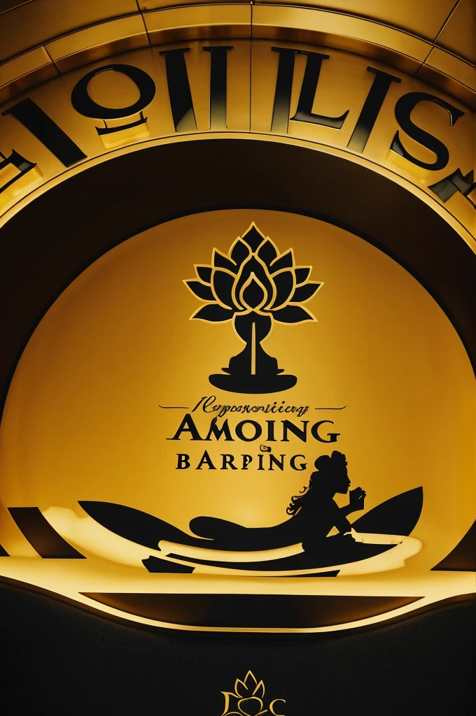 A logo with a silhouette of a woman in the shape of a lotus flower and at the bottom it says mg pampering spa with the slogan pampering your body, all in gold letters with a black iridescent background