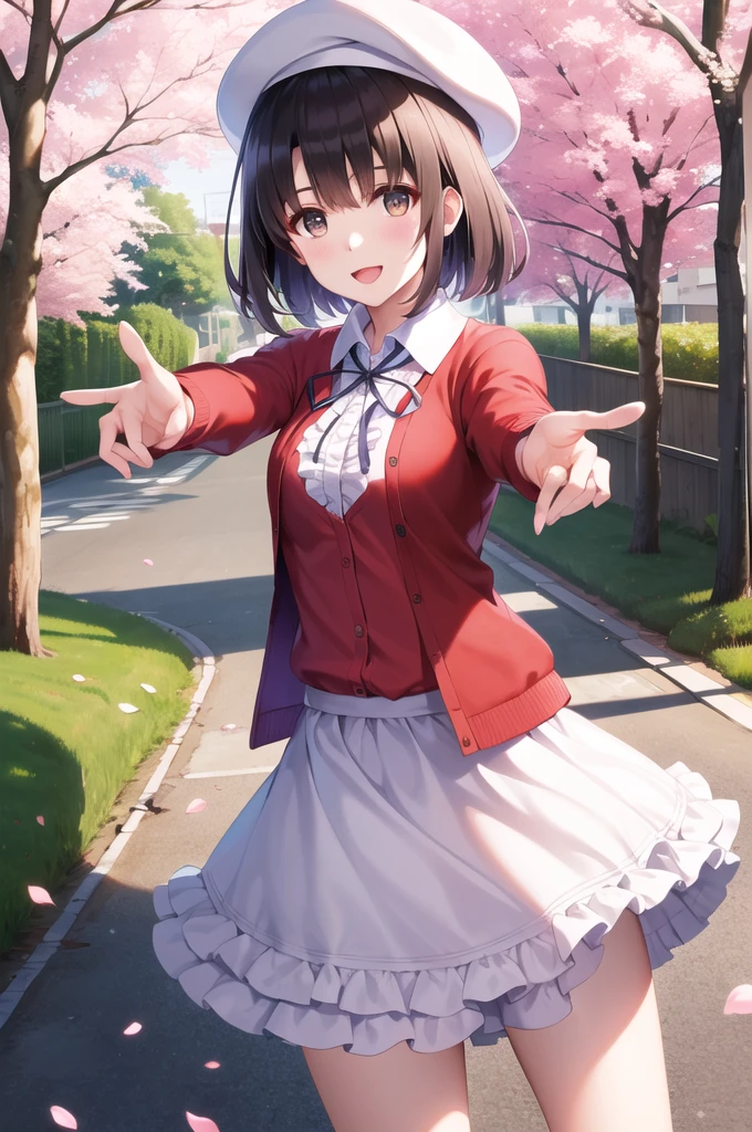 masterpiece, Highest quality, High resolution, Amegumi, short hair, beret, White Hat, Neck ribbon, Frills, White Dress, Red cardigan, Open clothes, Long sleeve, White ribbon, street, petal, cherry blossoms, Reaching out, smile, Open your mouth, Are standing, Cowboy Shot,
