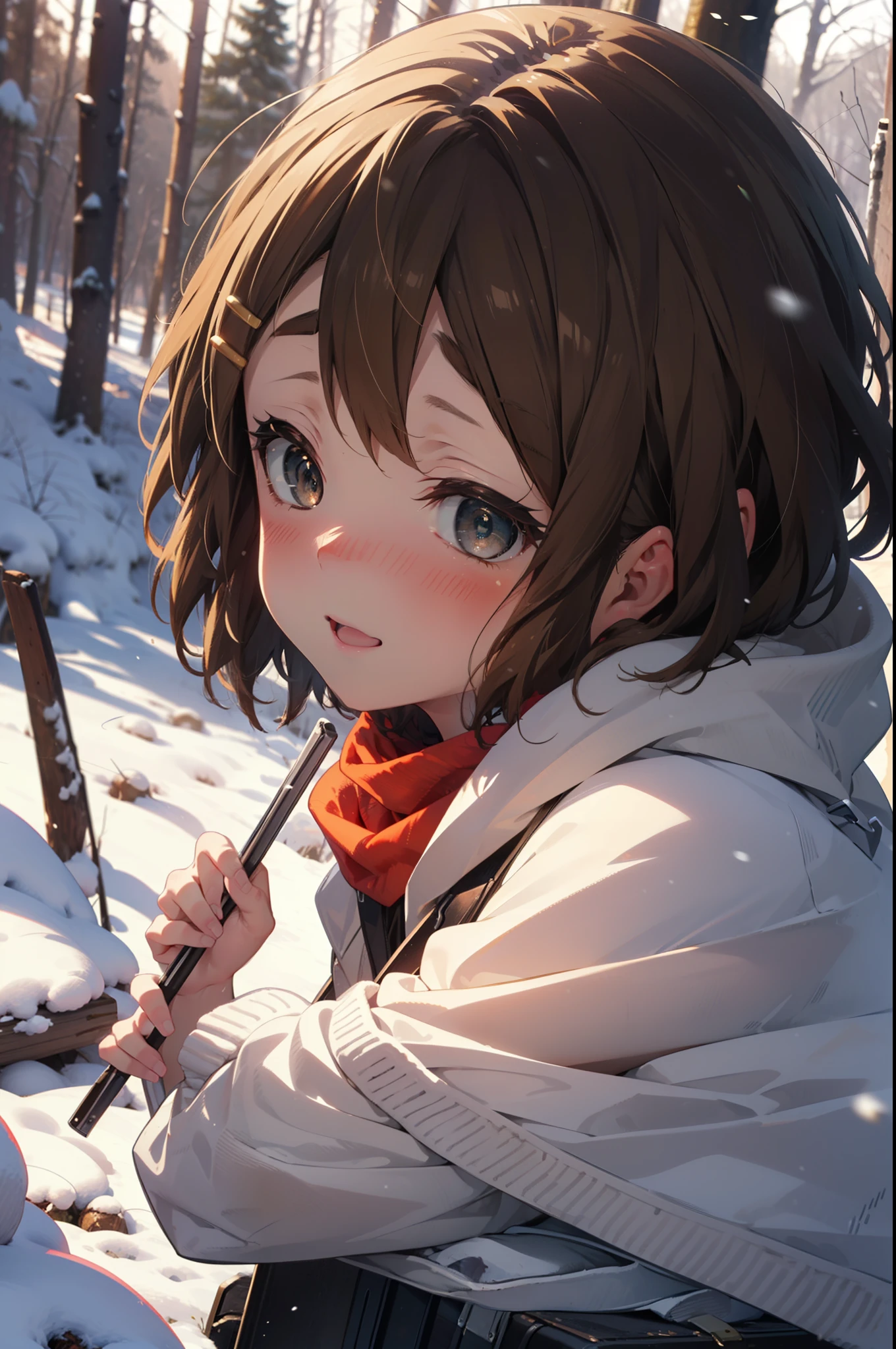 yuihirasawa, Yui Hirasawa, short hair, Brown Hair, hair ornaments, (Brown eyes:1.5), Hair Clip、smile,smile,blush,white breath,
Open your mouth,snow,Ground bonfire,, Outdoor, boots, snowing, From the side, wood, suitcase, Cape, Blurred, , forest, White handbag, nature, Squat, Mouth closed, Cape, winter, Written boundary depth, Black shoes, red Cape break looking at viewer, Upper Body, whole body, break Outdoor, forest, nature, break (masterpiece:1.2), Highest quality, High resolution, unity 8k wallpaper, (shape:0.8), (Beautiful and beautiful eyes:1.6), Highly detailed face, Perfect lighting, Highly detailed CG, (Perfect hands, Perfect Anatomy),