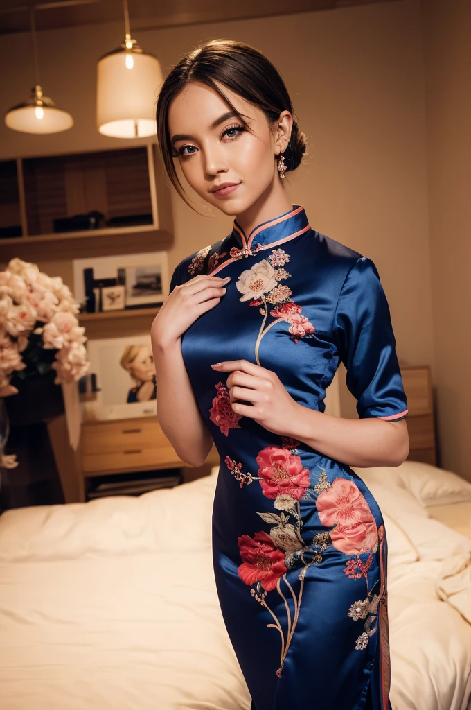 (photograph of Sydney, in silk qipao), (looking at viewer), photorealistic, seductive, face and body focus, instagram selfie