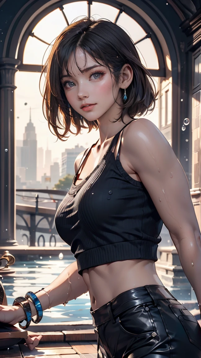 masterpiece, Highest quality, Very detailed),(One girl), blue eyes, short hair, Brunette, Dynamic Angle, Dynamic pose, Natural light, floating, (Color Top:1.2|Black Top), (Tight Skirt:1.2|Leather pants:0.9), (Silver Bracelet:1.2|clock), (Natural background:0.8| Cityscape), (smile:0.8| Serious expression), (Light in the hair), lots of water droplets:0.8