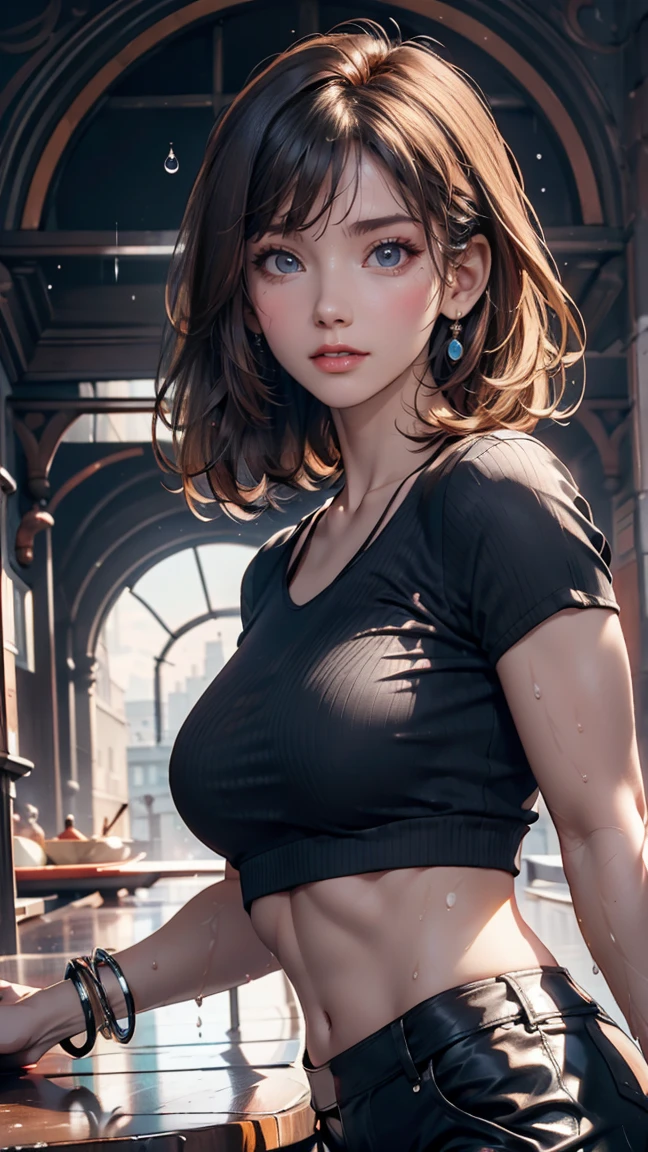 Highest quality, Realistic, 8k, High resolution, 1 girl, woman, (Skin Dentition), (Portraiture: 0.6), nice, ((Big round breasts, Sleeveless white T-shirt: 1.75)), Straight Viewer: 1.8, (1 personEyes, Medium length hair, Brown Hair, Parted bangs : 1.65), Realistic, (Bokeh), (Mouth closed: 1.46), nice, Pure Eros Face_v1,
