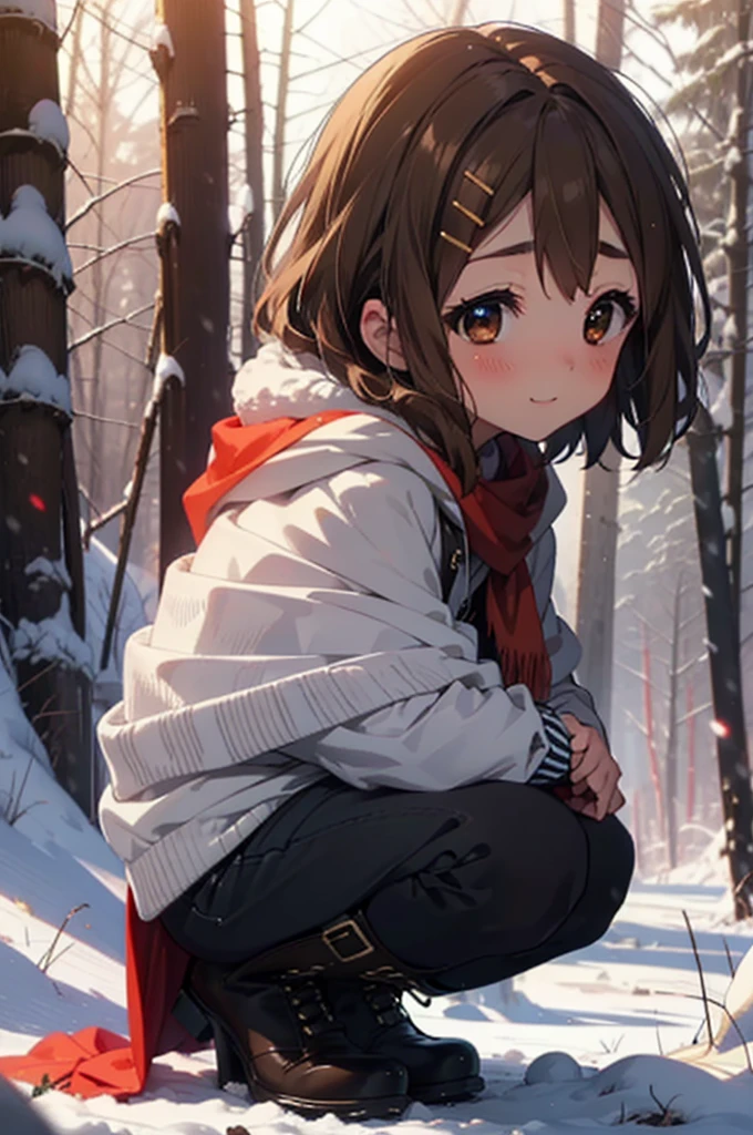 yuihirasawa, Yui Hirasawa, short hair, Brown Hair, hair ornaments, (Brown eyes:1.5), Hair Clip、smile,smile,blush,white breath,
Open your mouth,snow,Ground bonfire,, Outdoor, boots, snowing, From the side, wood, suitcase, Cape, Blurred, , forest, White handbag, nature, Squat, Mouth closed, Cape, winter, Written boundary depth, Black shoes, red Cape break looking at viewer, Upper Body, whole body, break Outdoor, forest, nature, break (masterpiece:1.2), Highest quality, High resolution, unity 8k wallpaper, (shape:0.8), (Beautiful and beautiful eyes:1.6), Highly detailed face, Perfect lighting, Highly detailed CG, (Perfect hands, Perfect Anatomy),
