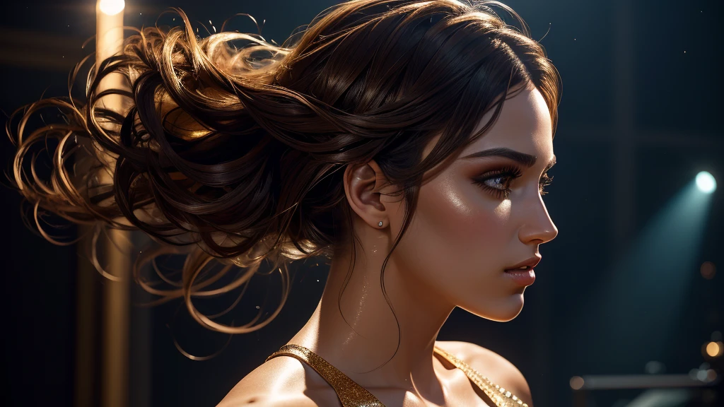 Estelle, full body figure, basic swimsuit, no shoes, character design sheet, different angles, different poses with detailed face, front view, back view, profile view, glistening skin, studio, super detailed, HD, visible pores, perfect hair, very detailed hair, perfect, very beautiful, a hyper realistic, masterpiece, highly detailed, cinematic lighting, ray tracing, cinematic composition. award winning photo, high contrast, light sparkles, clear face, beautiful dark brown eyes, eyes match, perfect eyelashes