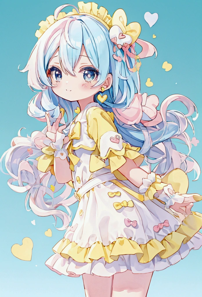 Cute style chibi girl, heart, soft, colorful, delicate, Expressive, texture, sharp, Yellow and Blue
