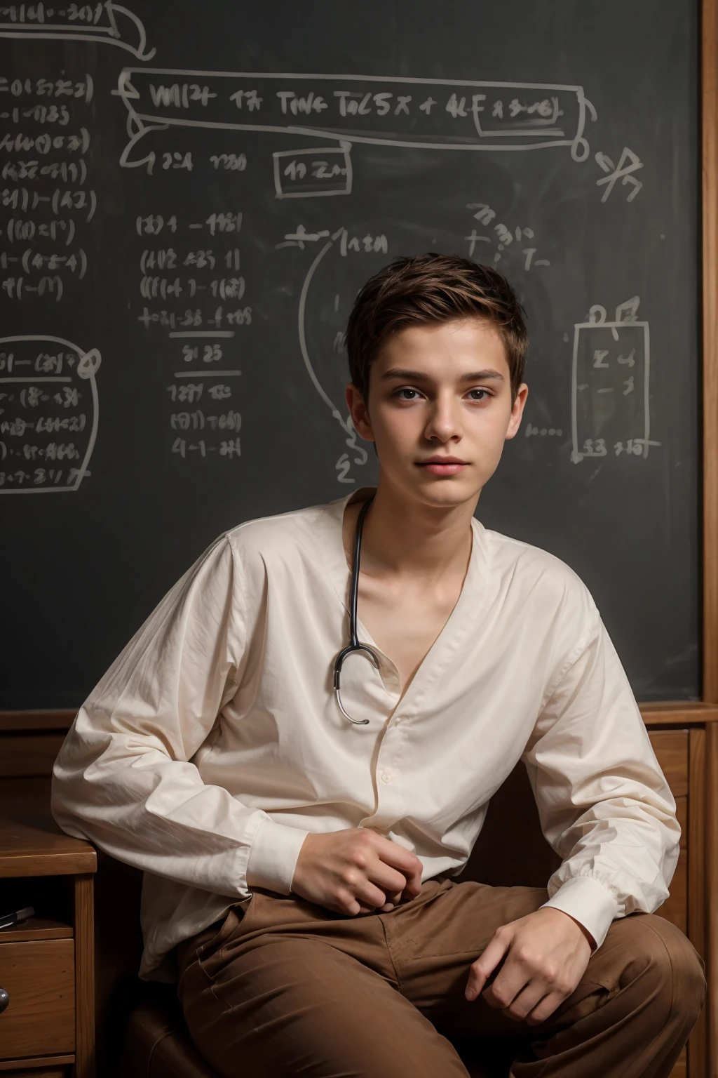 A young male twink, 19 years old, with a cute angel face, with makeup and black hair, wearing a luxurious, long-sleeved, white shirt and brown medieval pants. Behind him is a blackboard with a huge mathematics problem written on it, and he looks proudly as he sits at a desk with medical tools on it, and he has a face. Innocent
