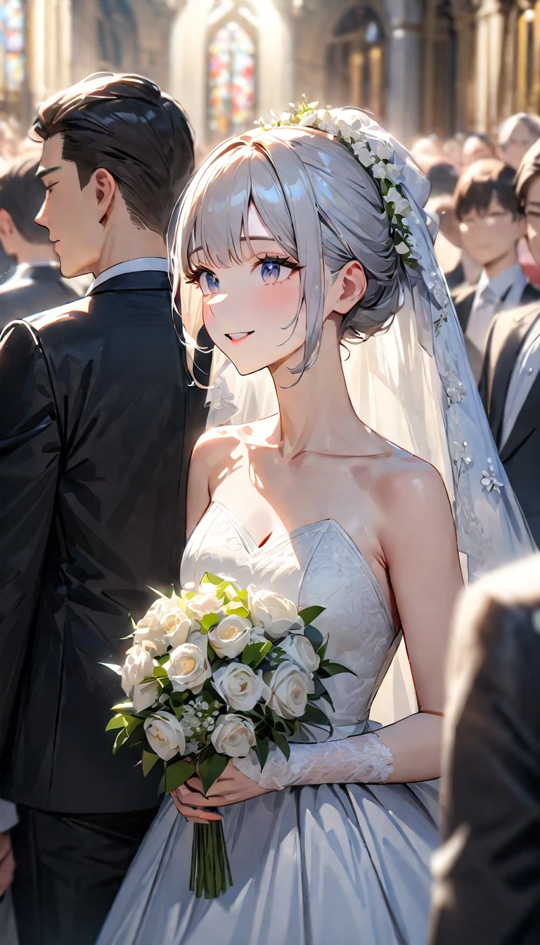 masterpiece , modern, Verism, masterpiece, super detail, best quality,4K , (((head shot))),Beautiful bride and groom, Lined up next to each other,wedding,People who bless those around,Inside the church,Happy atmosphere,Blurred background