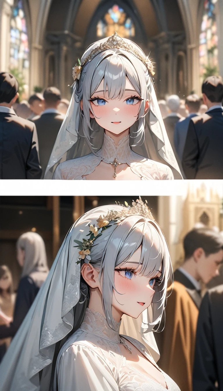 masterpiece , modern, Verism, masterpiece, super detail, best quality,4K , (((head shot))),Beautiful bride and groom, Lined up next to each other,wedding,People who bless those around,Inside the church,Happy atmosphere,Blurred background