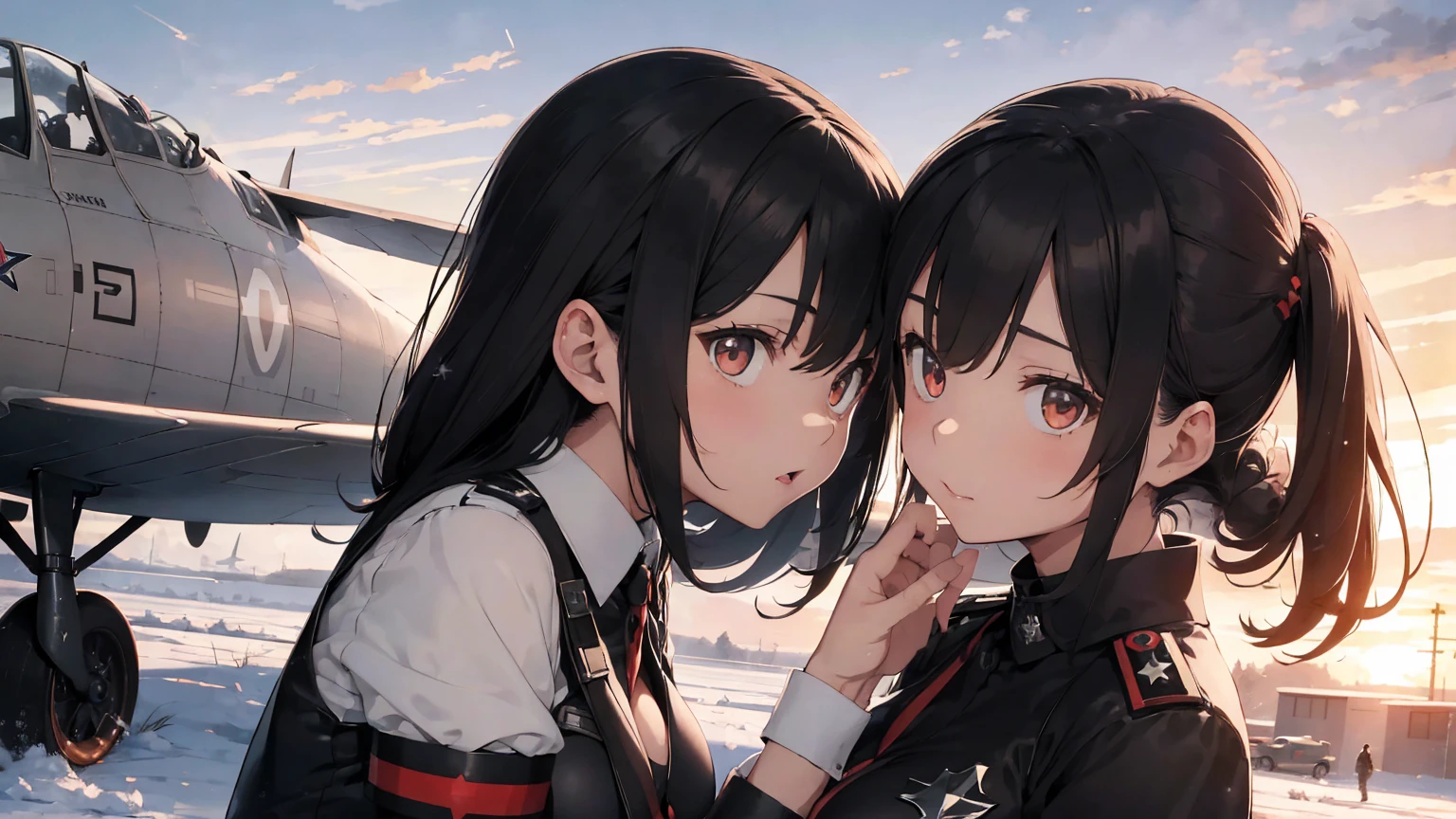 Gestapo uniform, female lesbian kawaii sisters kissing with Heinkel He 111 airplane in background. wearing Luftwaffe pilot uniforms. 8k. masterpiece. best quality. best artwork. lingerie. Swastika insignia red armband. busty bare breasts. nipples. sunset. snowing