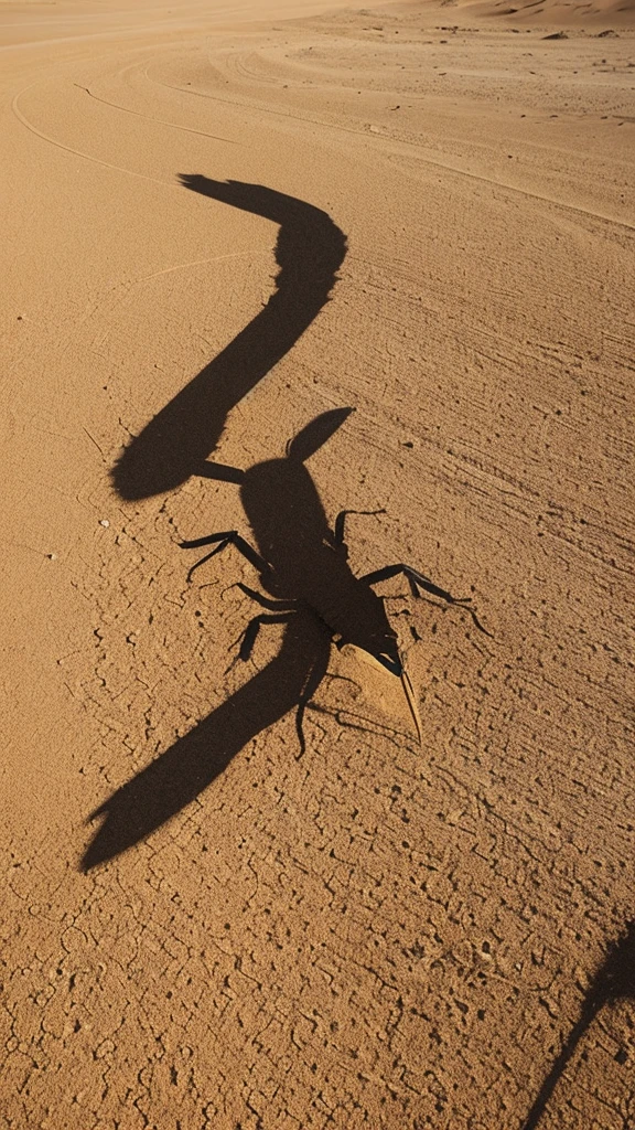the image of a stylized scorpion, in the desert sun its shadow appears projected onto the arid soil