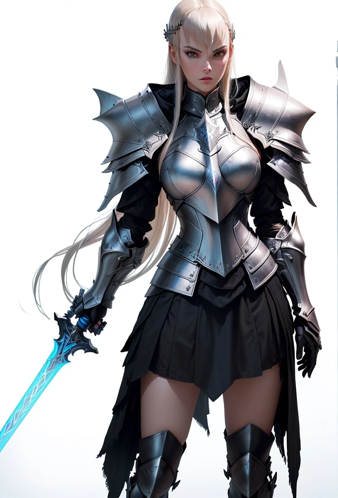 turn black in white, a woman in armor with a sword and a sword in her hand, armor girl, very stylish fantasy armor, white and blue armor, fantasy armor, stunning armor, wearing fantasy armor, gorgeous female paladin, beautiful female knight, of a beautiful female knight, female armor, elegant armor, looks like armor of "balder" from "bayonetta 2",