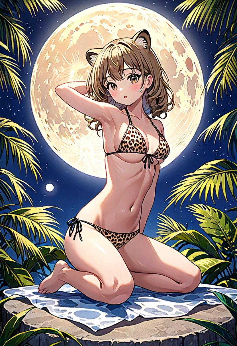 (Full moon), (Bikini), (Swimsuit), (Woman), (Leopard Pose), (Still life), (best quality:1.2), (master piece:1.2), (8k), (16k:1.2), (Illustration), (Best Quality:1.2), (Ultra-detailed:1.2), (top-quality:1.2), (masterpiece:1.2)