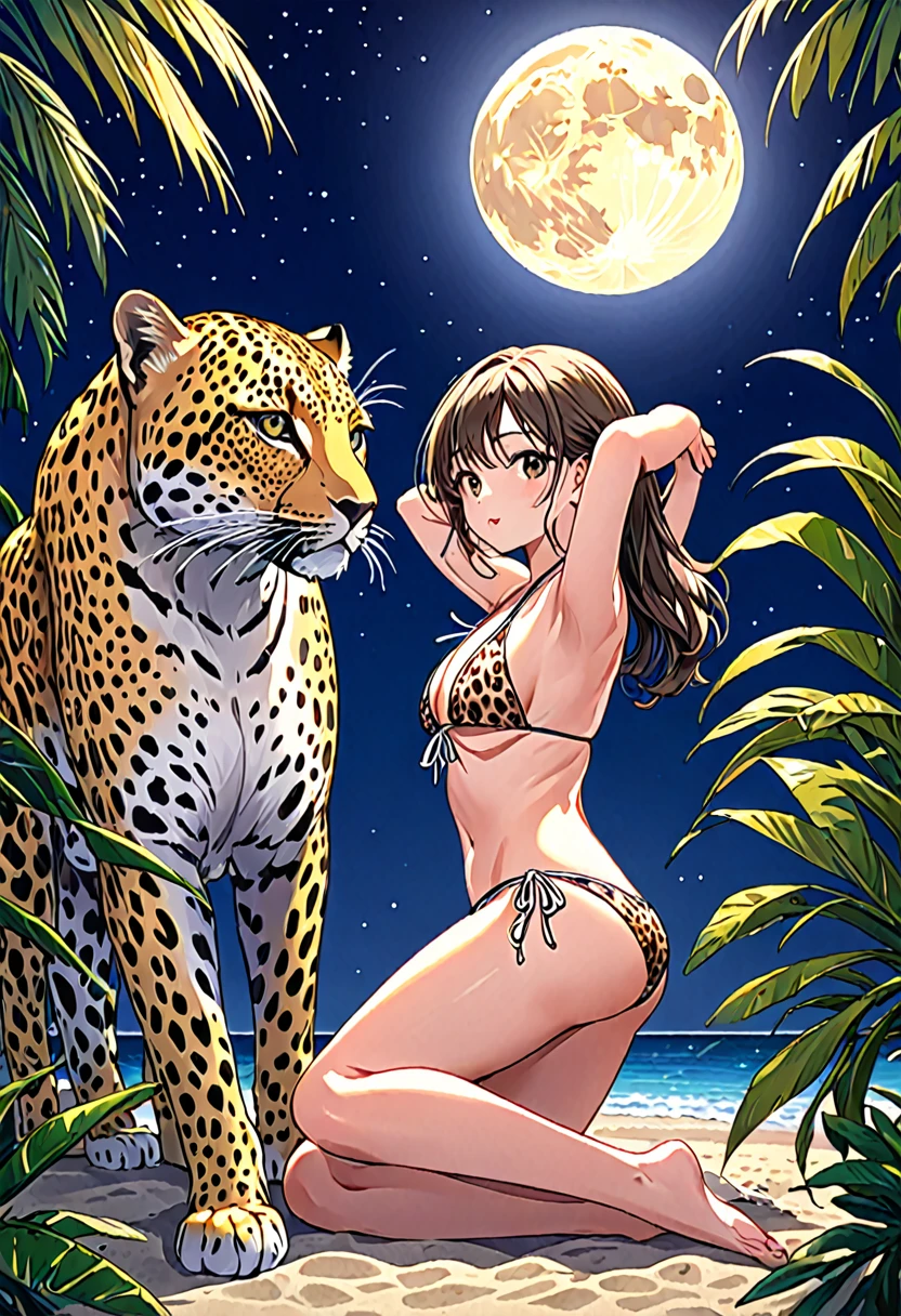 (Full moon), (Bikini), (Swimsuit), (Woman), (Leopard Pose), (Still life), (best quality:1.2), (master piece:1.2), (8k), (16k:1.2), (Illustration), (Best Quality:1.2), (Ultra-detailed:1.2), (top-quality:1.2), (masterpiece:1.2)