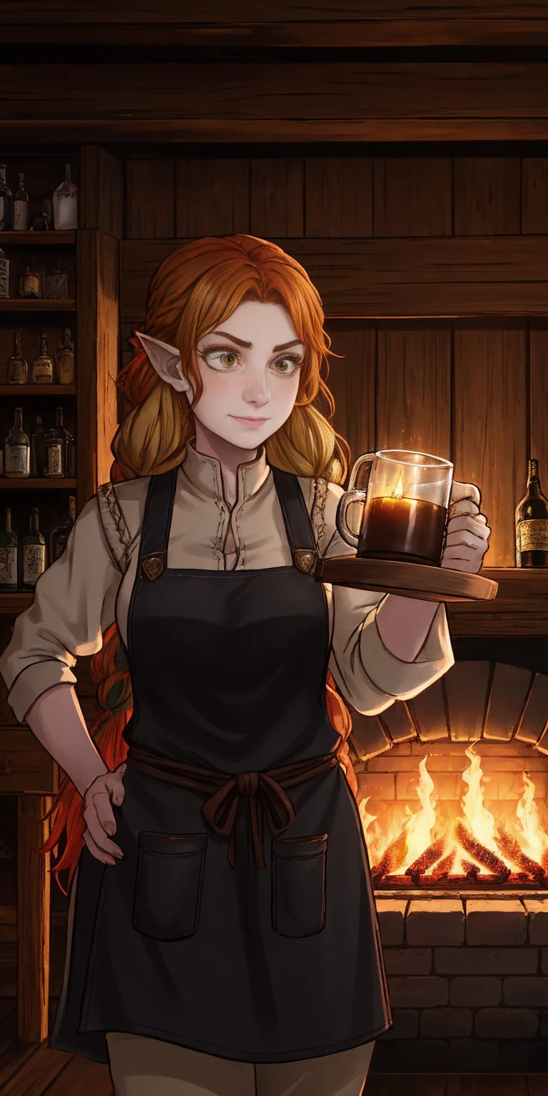 Concept: A medieval fantasy bar scene with a confident female innkeeper. Setting: Style: Medieval fantasy tavern Lighting: Warm, flickering candlelight with a touch of firelight in the background Details: Rough-hewn wooden beams, worn stone floor, shelves stocked with tankards and bottles, a large fireplace Characters: Main character: A strong, middle-aged woman with fiery red hair braided back. She wears a sturdy leather jerkin and a worn apron, exuding a sense of seasoned experience. Optional extra: A few patrons in the background, a mix of fantasy races like humans, elves, or dwarves. Action: The innkeeper holds a large, overflowing mug of ale, a hint of a smile playing on her lips. (Optional) She leans on the bar, one hand on the mug, the other resting on her hip. Mood: Welcoming, lively, a place for weary travelers and adventurers to relax and share stories. This breakdown provides a clear structure for your image generation. You can further refine it by specifying details like: Hair color/style for the innkeeper (fiery red in braids) Race of the patrons (a human bard, or warrior) Specific ale (a dark, rich stout) Overall color palette (warm browns, golden highlights)