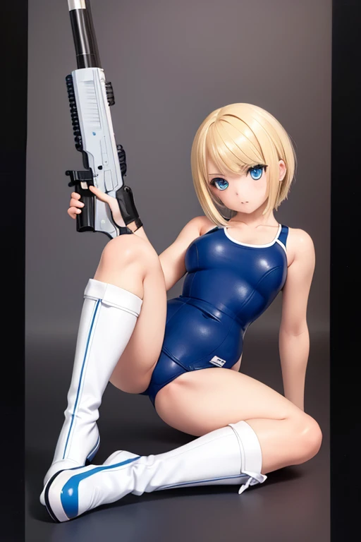 Perfect Anatomy Highest quality,Highest Resolution,(((School Swimsuit boots))) Metal Max 2:Reloaded Lena gun Blonde short Blue Eyes C cup Toned