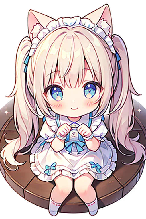 masterpiece, Highest quality, Highest Resolution、One Girl、from above, Looking up、full body、pastel colour、Gothic Lolita、Making a Heart with Fingers、Cute Dresses、Sparkling eyes、A smile that will captivate you、White background、Very long twin tails、Girl sitting、Looking at me、