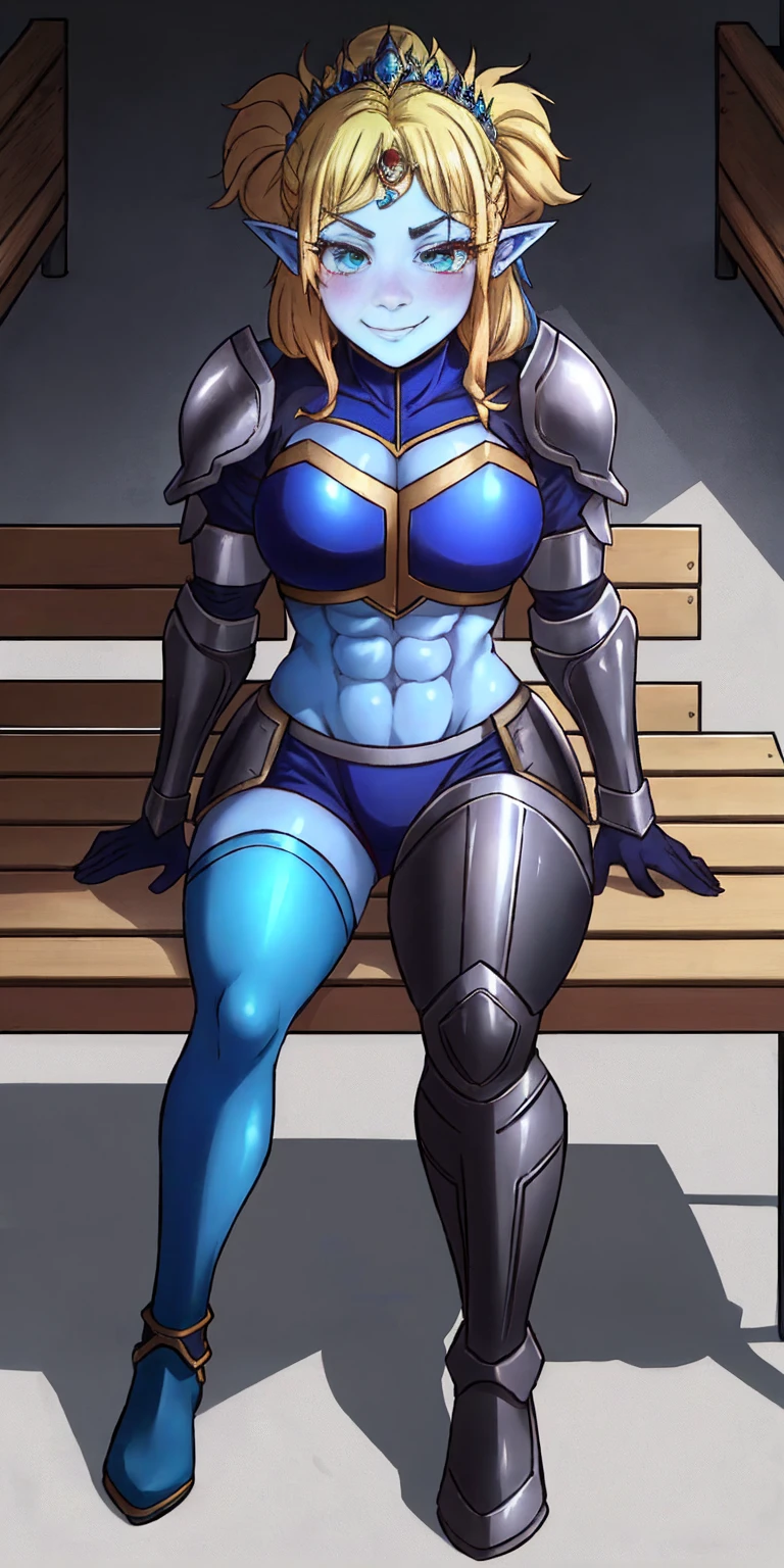 full body, def_effie, blue breastplate, blue skin, looking at viewer, shiny,armor, thighhighs, high boots,shoulder armor, faulds, poleyn, gloves, gauntlets, Rerebrace armored boots, pauldronasterpiece, best quality, ultra-detailed, best shadow) yordle (1girl)( blue skin:1.2) pointy ears muscular lean platinum blonde long twin-tails hairstyle at the office lustful smirking smile face red blushed, blush, strong abs, female body builder, tiara, twin drills hair