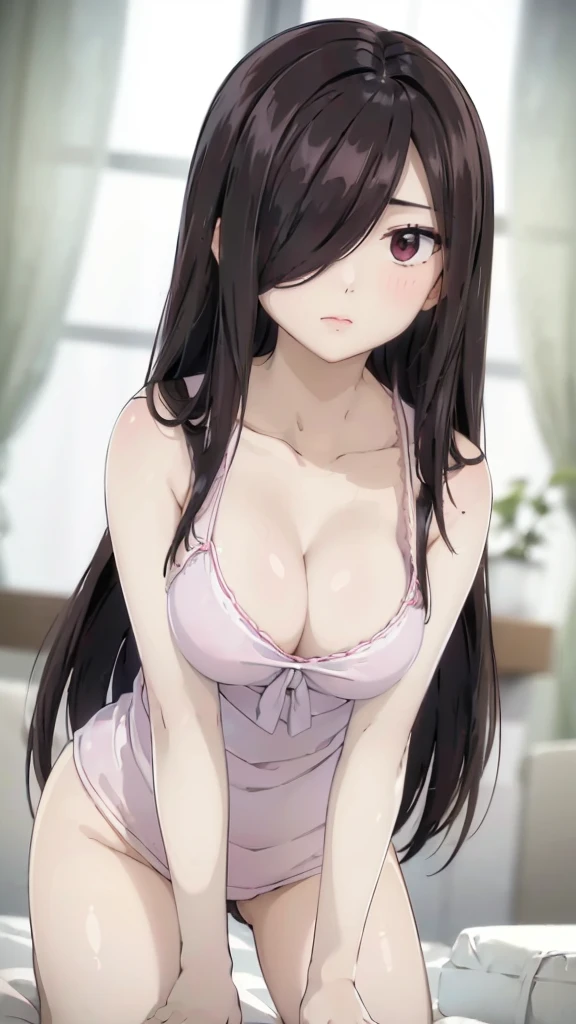 (((masterpiece))), (((best quality))), ((ultra-detailed)), (highly detailed CG illustration), (masterpiece:1.5), Detailed Photo, innocent shy,Sexy, (Best Quality: 1.4), (1girl), Beautiful Face, (Black Hair, long Hair: 1.3), Beautiful Hairstyle, beautiful detail eyes, (realistic skin), beautiful skin, absurd, attractive, ultra high resolution, high definition, (sexually aroused:1.5), Pinkish white skin, cool white light, sexy pose, full body view,Beautiful , white background, pink soft white light, pink pajama, busty breast,(hair over one eye:1.4), Messy hair,hair between eyes,pubic hair pussy, dense pubic Hairy pussy .