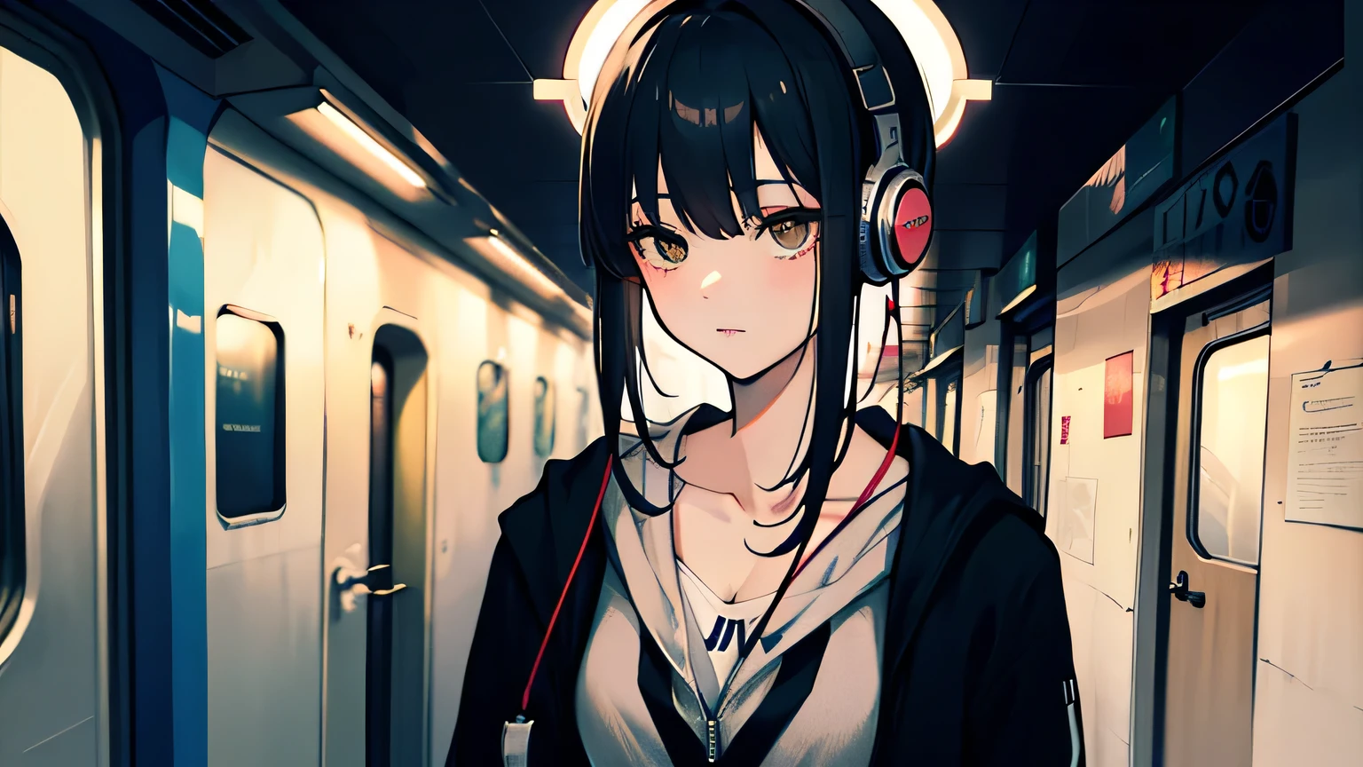 masterpiece, best quality, ultra high resolution (Reality: 1.4), original photo, 35mm lens, aperture F1.4, movie poster, light and shadow, female, white cardigan, long black hair, real skin, (skin detail: 1.3), Girl wearing headphones and listening to music on the subway