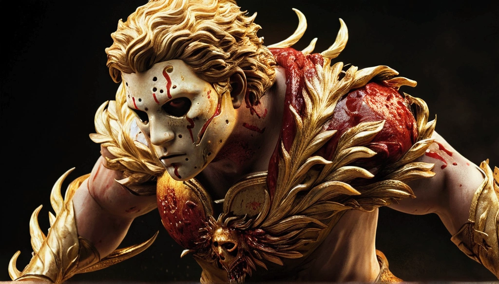 A determined Jason, his face smeared with blood, striding forward with the golden fleece in his hands.