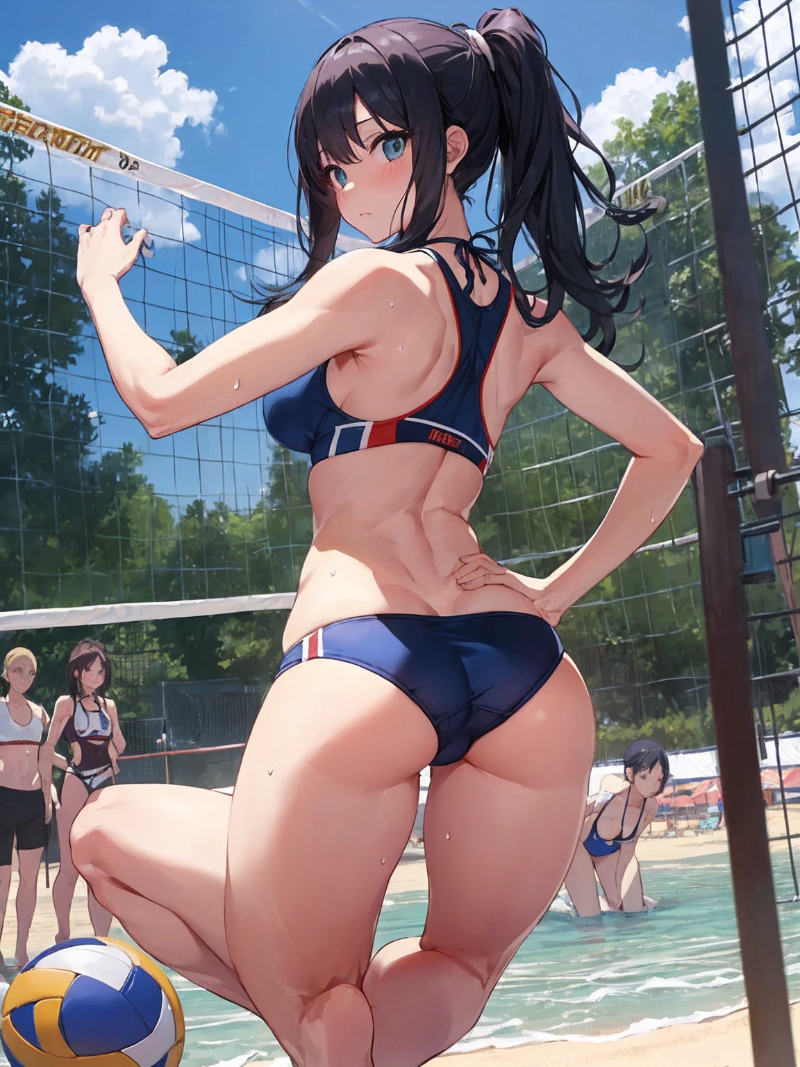 （Sweat, White skin:1.5、Aggressive Pose, ）, cameltoe, Fitness, , ((Beach volleyball bikini)),Big Breasts, Sturdy body、Healthy Body、((Big Eyes in Anime)), back、Very long dark blue hair、ponytail、Squat、from back,Super High Cut
