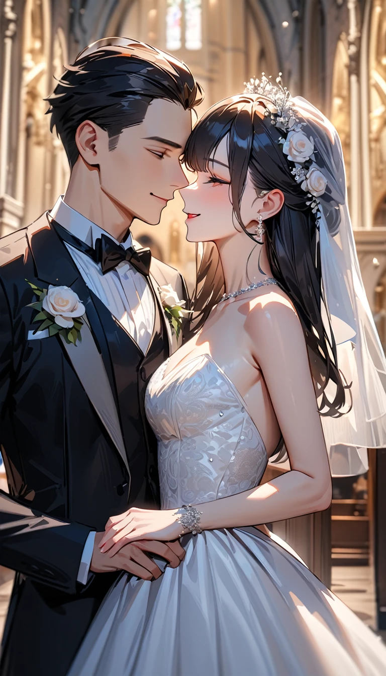 masterpiece , modern, Verism, masterpiece, super detail, best quality, 4K ,(head shot),　Male and female couple standing side by side,a woman,Wedding dress, a man ,tuxedo,church,wedding,Happy atmosphere
