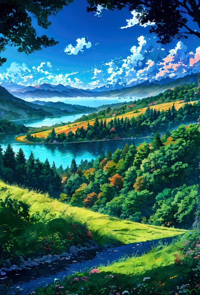 anime style landscape, (colorful), vibrant colors, rolling hills, majestic mountains, serene lake, detailed foliage, dramatic lighting, cinematic composition, digital art, intricate details, highly detailed