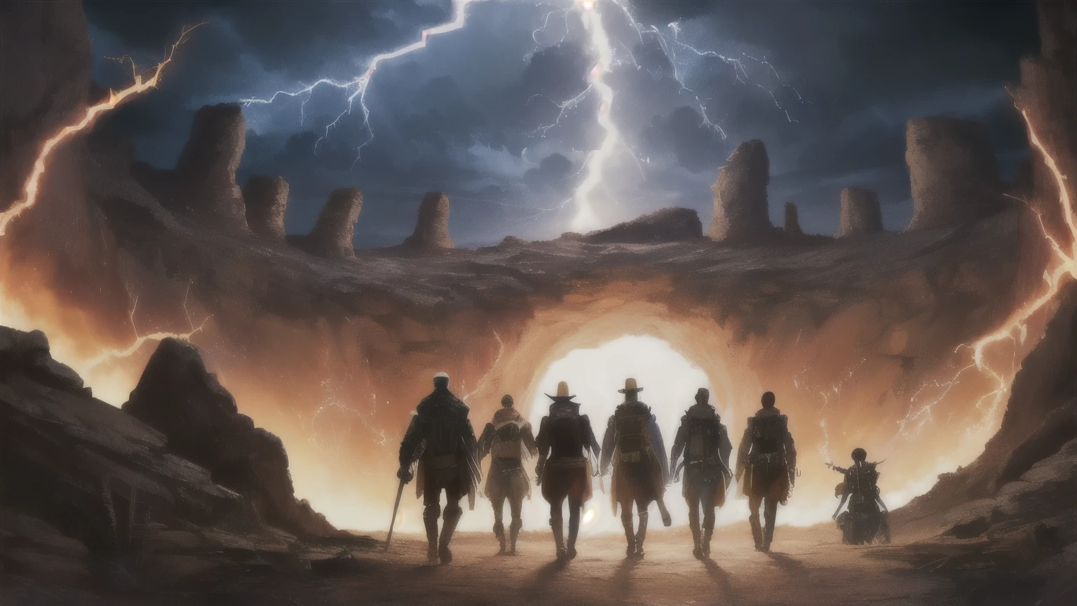 Wild West, five people with their backs to the horizon, Red Dead Remdeption, orange sky, hands, black silhouettes, top-down perspective