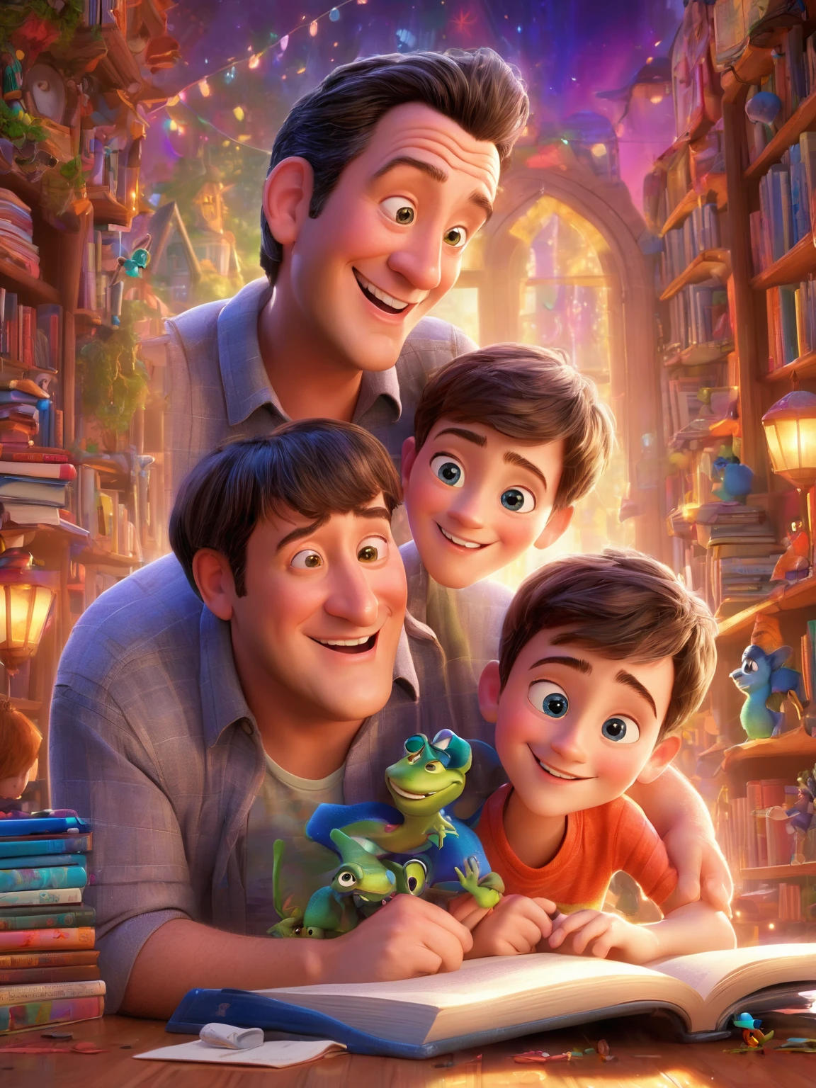 (bright and vibrant colors), (high resolution), (realisitic:1.37), Disney Pixar Movie Poster, (arte de Kevin James), skinny, no muscle, (55 year old man and his son),father and son, (beautiful detailed eyes:1.1), (beautiful detailed lips:1.1), smiling with a warm expression, (charming appearance:1.1), (professional lighting), (ultra-thin rendering), upper-body shot, (expressive facial features:1.1), reading a book to her son, (reading carefully:1.1), surrounded by magical elements representing different Pixar films, (dynamic composition), (whimsical details), (playful characters), vibrant background, full of color and joy, (3D rendering), (fantastic art style), (nostalgic aesthetic), (attention to the details:1.1).