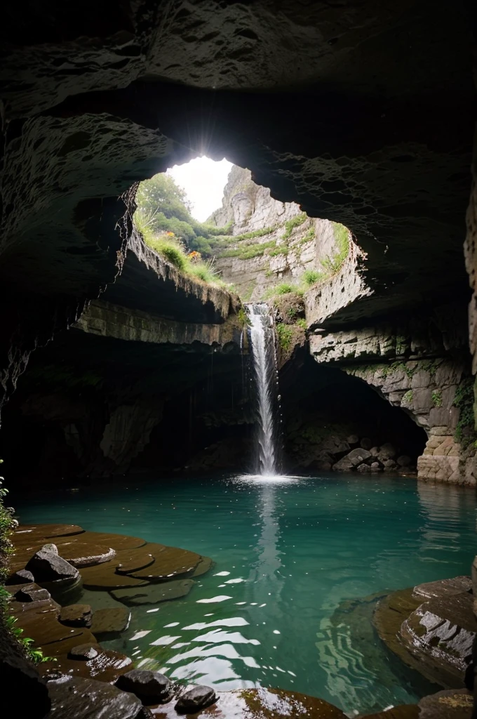 View of the entracne of the water cave, (grotto), view from the outside