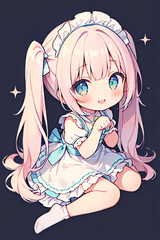 masterpiece, Highest quality, Highest Resolution、One Girl、from above, Looking up、from side、full body、pastel colour、Maid clothes、paw pose、Cute Dresses、Sparkling eyes、A smile that will captivate you、White background、Very long twin tails、Girl sitting、Looking at me、