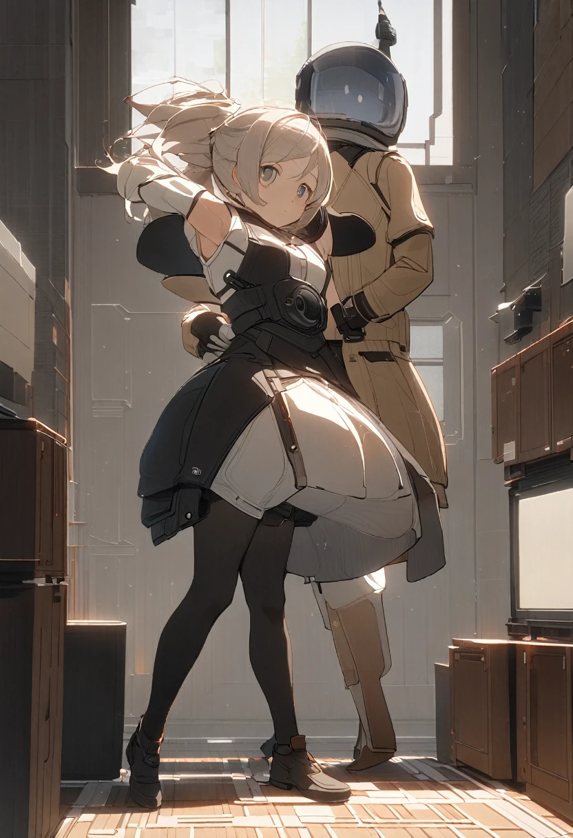 anime scene of a person standing in front of a building, NieR Automata 2b stills, NieR Automata spaceship style, Screenshot of Nier Automata, Neil 2b, Nier Automata concept art style, nier automata concept art, nier automata, nier automata, Neil : Inspired by automata, Neil:Inspired by automata