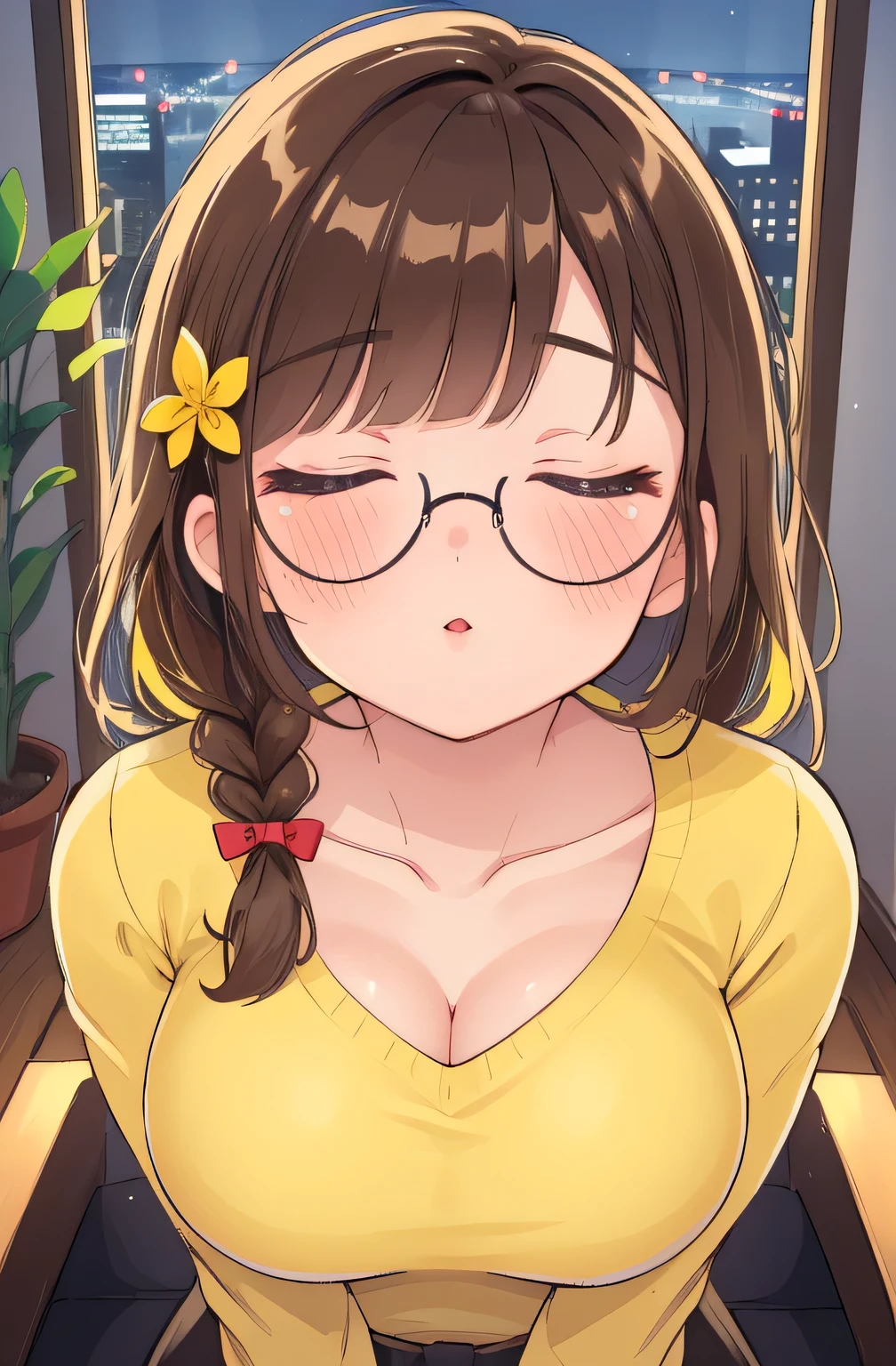 (Night:1.7), Modern apartment, high rise, CityView, Before Window,
Standing at attention,Hands Down,
Green shirt,long sleeves, cleavage, collarbone,
Glasses,brown hair,purple eyes,braid,single braid,yellow hair ornament,
1 girl, 20yo,Young female,Beautiful Finger,Beautiful long legs,Beautiful body,
Beautiful Nose,Beautiful character design, perfect eyes, perfect face,expressive eyes,
looking at viewer, in the center of the image,(Upper_body),(Focus on her face),
official art,extremely detailed CG unity 8k wallpaper, perfect lighting,Colorful, Bright_Front_face_Lighting,shiny skin,
(masterpiece:1.0),(best_quality:1.0), ultra high res,4K,ultra-detailed,
photography, 8K, HDR, highres, absurdres:1.2, Kodak portra 400, film grain, blurry background, bokeh:1.2, lens flare, (vibrant_color:1.2)
(Beautiful,large_Breasts:1.4), (beautiful_face:1.5),(narrow_waist),