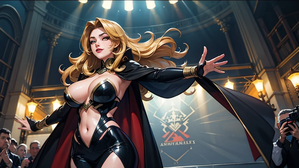 Here's a masterpiece prompt for you: Alicia stands majestically on the podium, surrounded by an enthralled audience and blinding flashlights. Her striking features - perfect face, piercing red eyes, and luscious blonde hair flowing down her back like a golden river - are bathed in an ultra-detailed, atmospheric lighting that creates depth within the wide shot. She wears a stunning red and black cape flowing behind her, with intricate details that shimmer under the lights. Her v- shaped eyebrows and plump red lips curve into a sultry smile as she surveys the crowd. Her figure-hugging outfit features extreme detailing on every seam, fabric texture, and fold. The atmosphere is electric, with cameras and photo flashes capturing every moment of this breathtaking scene