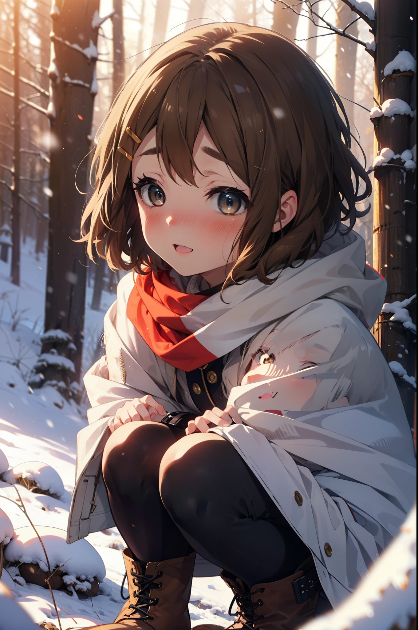 yuihirasawa, Yui Hirasawa, short hair, Brown Hair, hair ornaments, (Brown eyes:1.5), Hair Clip、smile,smile,blush,white breath,
Open your mouth,snow,Ground bonfire,, Outdoor, boots, snowing, From the side, wood, suitcase, Cape, Blurred, , forest, White handbag, nature, Squat, Mouth closed, Cape, winter, Written boundary depth, Black shoes, red Cape break looking at viewer, Upper Body, whole body, break Outdoor, forest, nature, break (masterpiece:1.2), Highest quality, High resolution, unity 8k wallpaper, (shape:0.8), (Beautiful and beautiful eyes:1.6), Highly detailed face, Perfect lighting, Highly detailed CG, (Perfect hands, Perfect Anatomy),