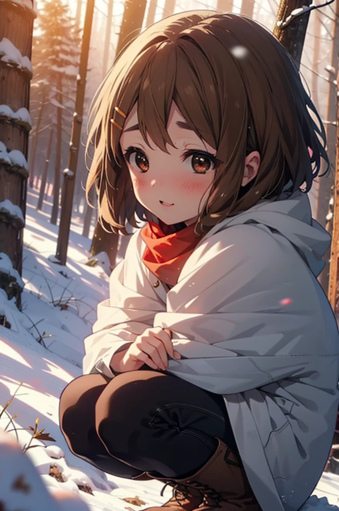 yuihirasawa, Yui Hirasawa, short hair, Brown Hair, hair ornaments, (Brown eyes:1.5), Hair Clip、smile,smile,blush,white breath,
Open your mouth,snow,Ground bonfire,, Outdoor, boots, snowing, From the side, wood, suitcase, Cape, Blurred, , forest, White handbag, nature, Squat, Mouth closed, Cape, winter, Written boundary depth, Black shoes, red Cape break looking at viewer, Upper Body, whole body, break Outdoor, forest, nature, break (masterpiece:1.2), Highest quality, High resolution, unity 8k wallpaper, (shape:0.8), (Beautiful and beautiful eyes:1.6), Highly detailed face, Perfect lighting, Highly detailed CG, (Perfect hands, Perfect Anatomy),