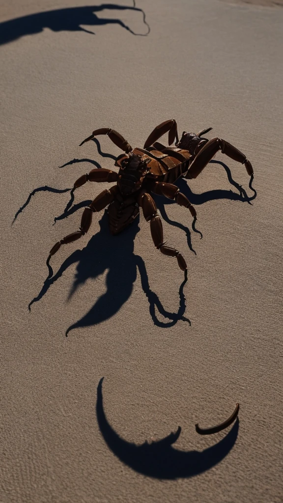 the image of a stylized scorpion, in the desert sun its shadow appears projected onto the arid soil