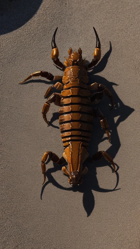 the image of a stylized scorpion, in the desert sun its shadow appears projected onto the arid soil