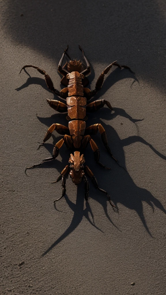 the image of a stylized scorpion, in the desert sun its shadow appears projected onto the arid soil