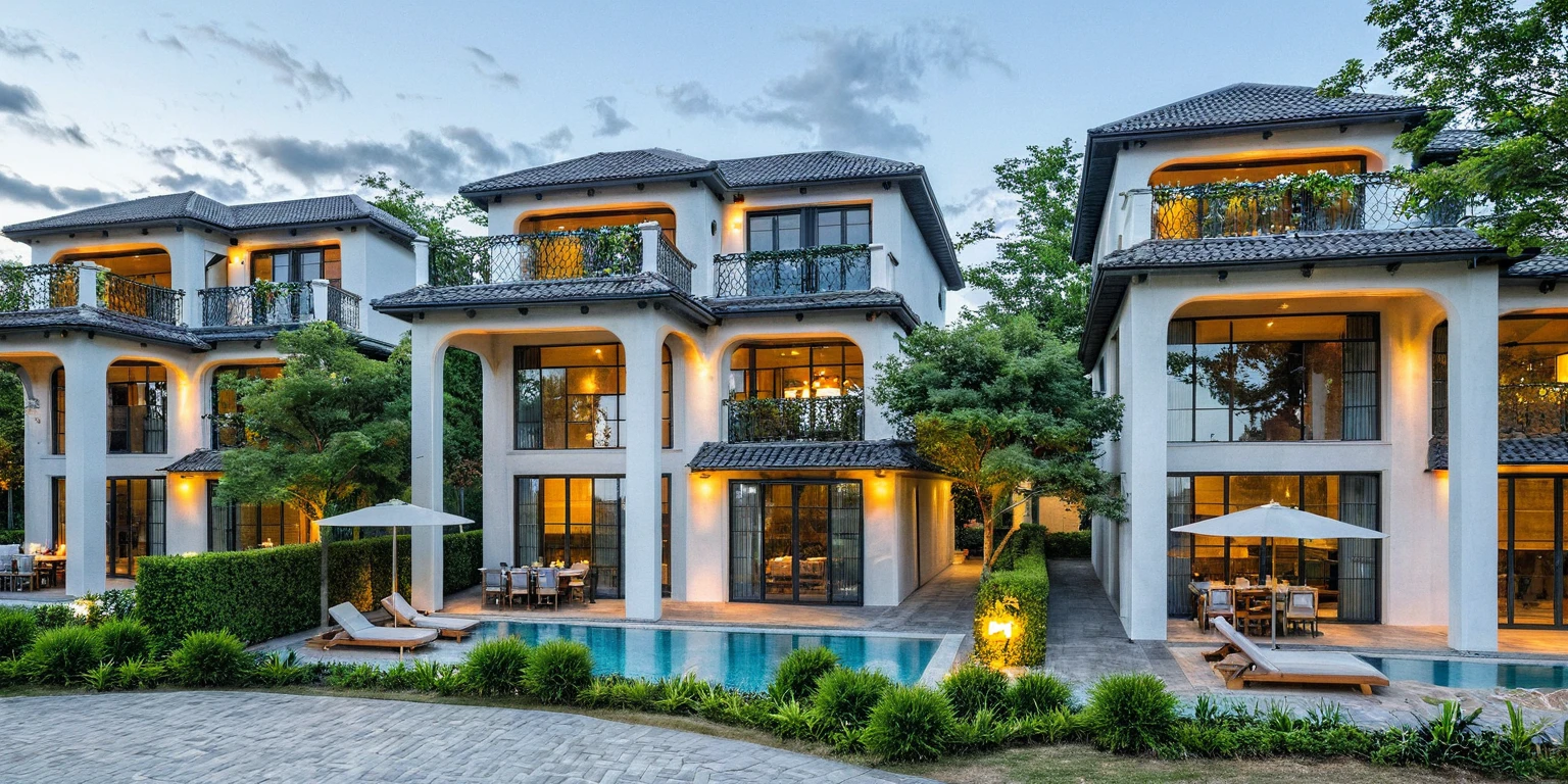 Masterpiece, high quality, best quality, authentic, super detail, outdoors, onestoreyvillaXL, aiaigroup, house style modern on the street ,stairs, white wall ,road,pavement, grass, trees, sky, cloud, pool, (daylight:1.1)
