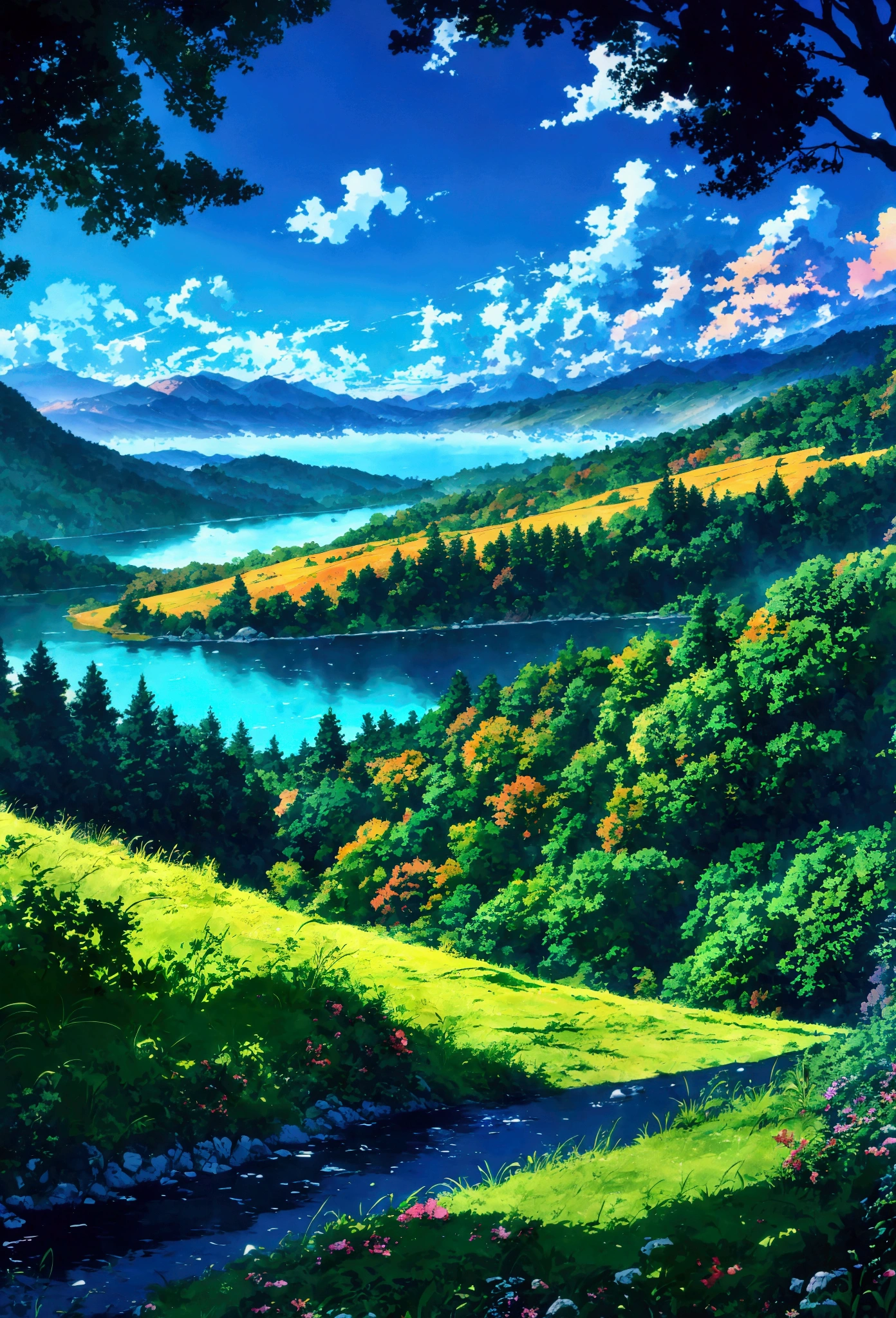 anime style landscape, (colorful), vibrant colors, rolling hills, majestic mountains, serene lake, detailed foliage, dramatic lighting, cinematic composition, digital art, intricate details, highly detailed