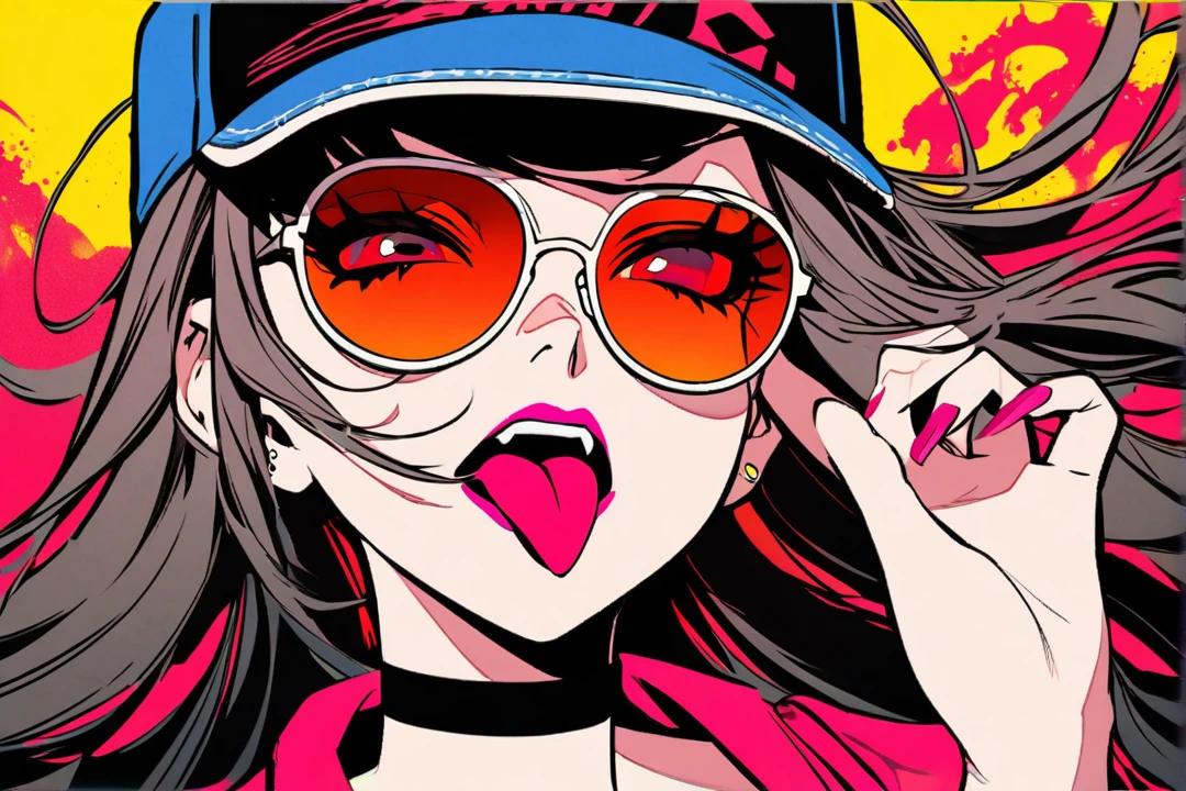 A digital art of a girl with a playful expression, sticking out her tongue and touching her cheek with her hand. She wears a blue baseball cap, round red sunglasses, and a black choker. Her hair is messy and dark, with strands falling over her face. The background is solid red, creating a vibrant and edgy atmosphere. The girl has red eye makeup, matching her sunglasses, and her nails are painted red. The style is modern and slightly exaggerated, typical of anime or manga illustrations