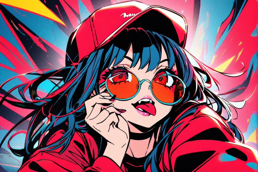 A digital art of a girl with a playful expression, sticking out her tongue and touching her cheek with her hand. She wears a blue baseball cap, round red sunglasses, and a black choker. Her hair is messy and dark, with strands falling over her face. The background is solid red, creating a vibrant and edgy atmosphere. The girl has red eye makeup, matching her sunglasses, and her nails are painted red. The style is modern and slightly exaggerated, typical of anime or manga illustrations